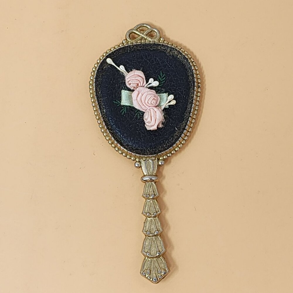 Vintage Handheld‎ Vanity Mirror With Embroidered Pink Roses & Gold Beaded Trim